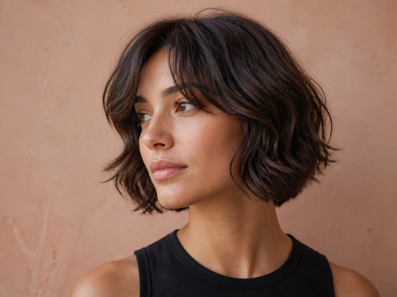 Three quarter view of a short wavy bob with a soft split fringe