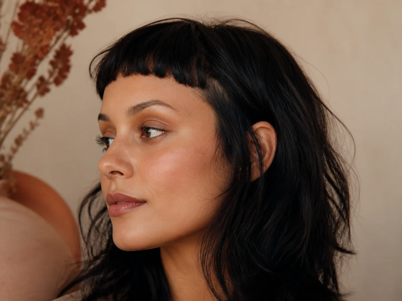 A fringe cut too short and sitting high above the brows with a visible gap at the sides