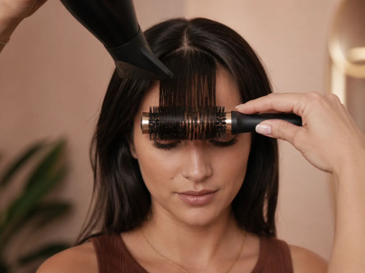 A small round brush drying a fringe section straight down over the forehead