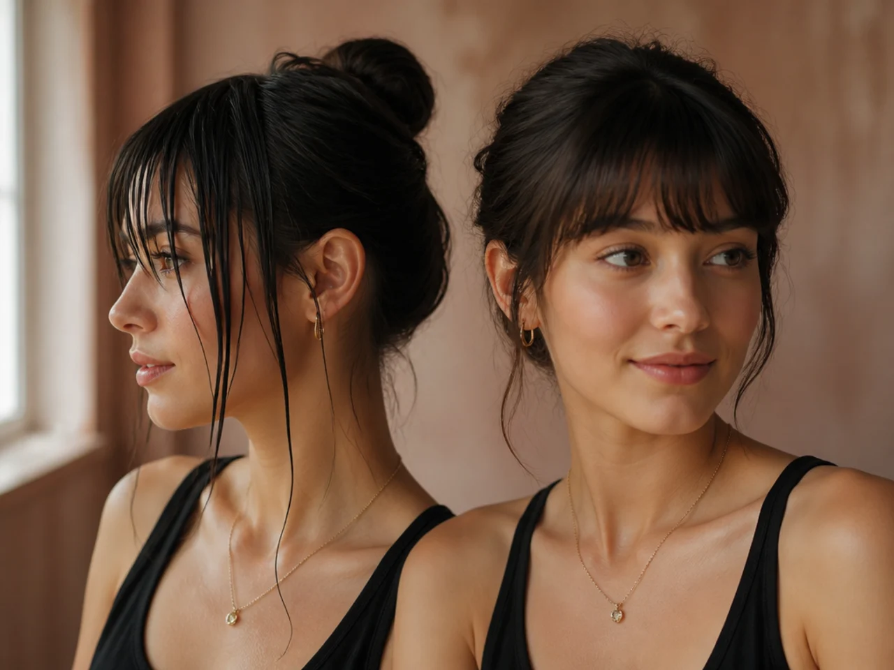 Side by side comparison of a wet fringe hanging at the cheek and the same fringe dried up at the brow