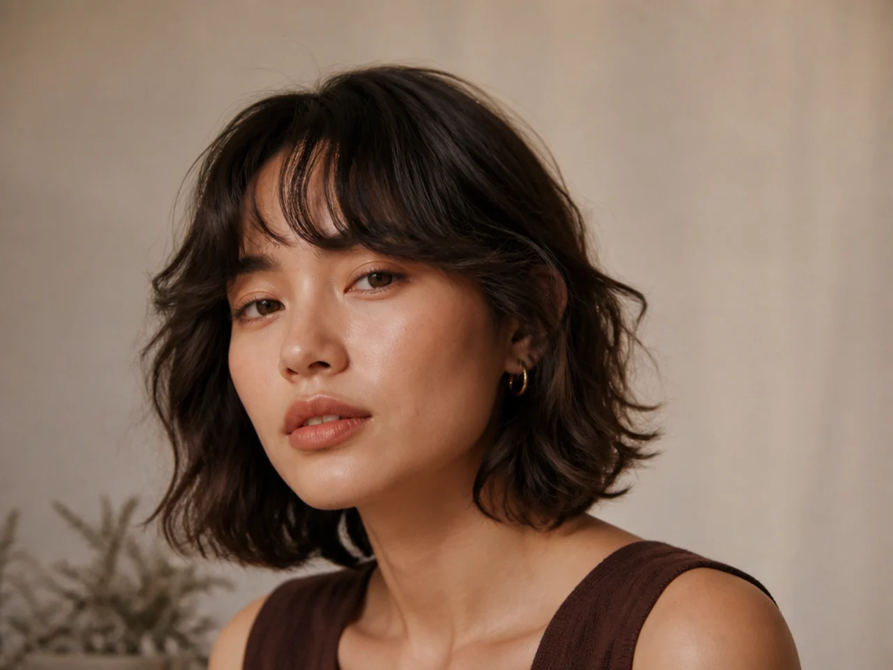 Curtain bangs on short wavy hair
