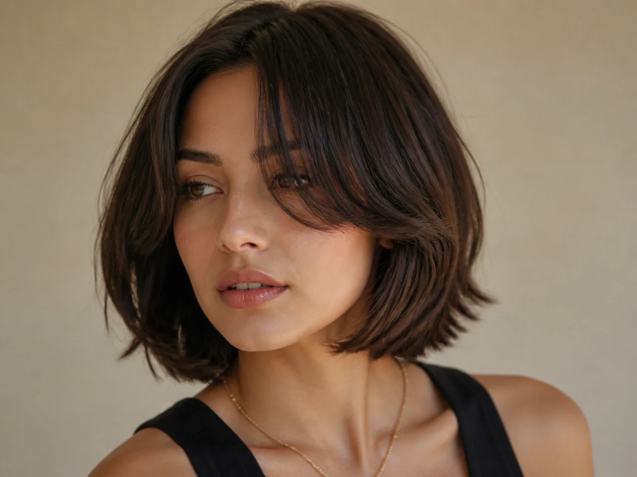 Short curtain bangs finishing at the cheekbone