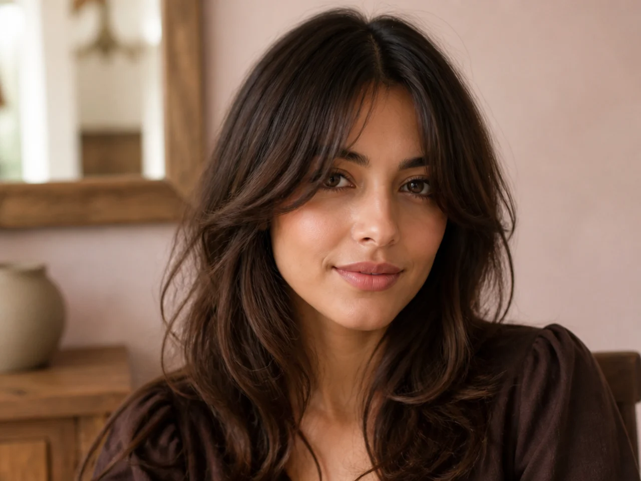 Curtain bangs worn with a centre parting