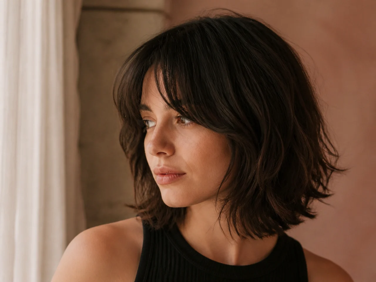 Curtain bangs on a layered shaggy bob