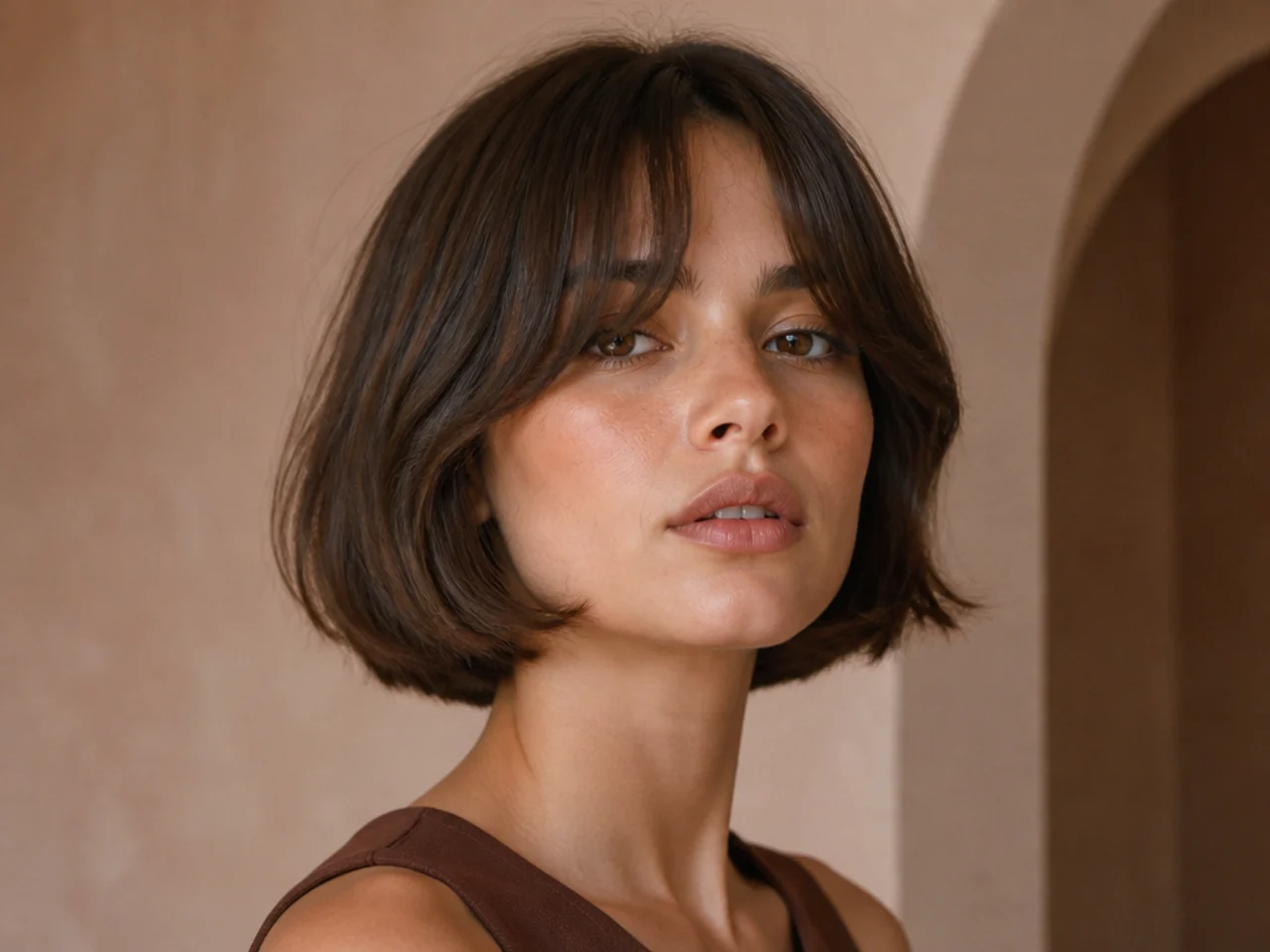 Curtain bangs on a chin length french bob
