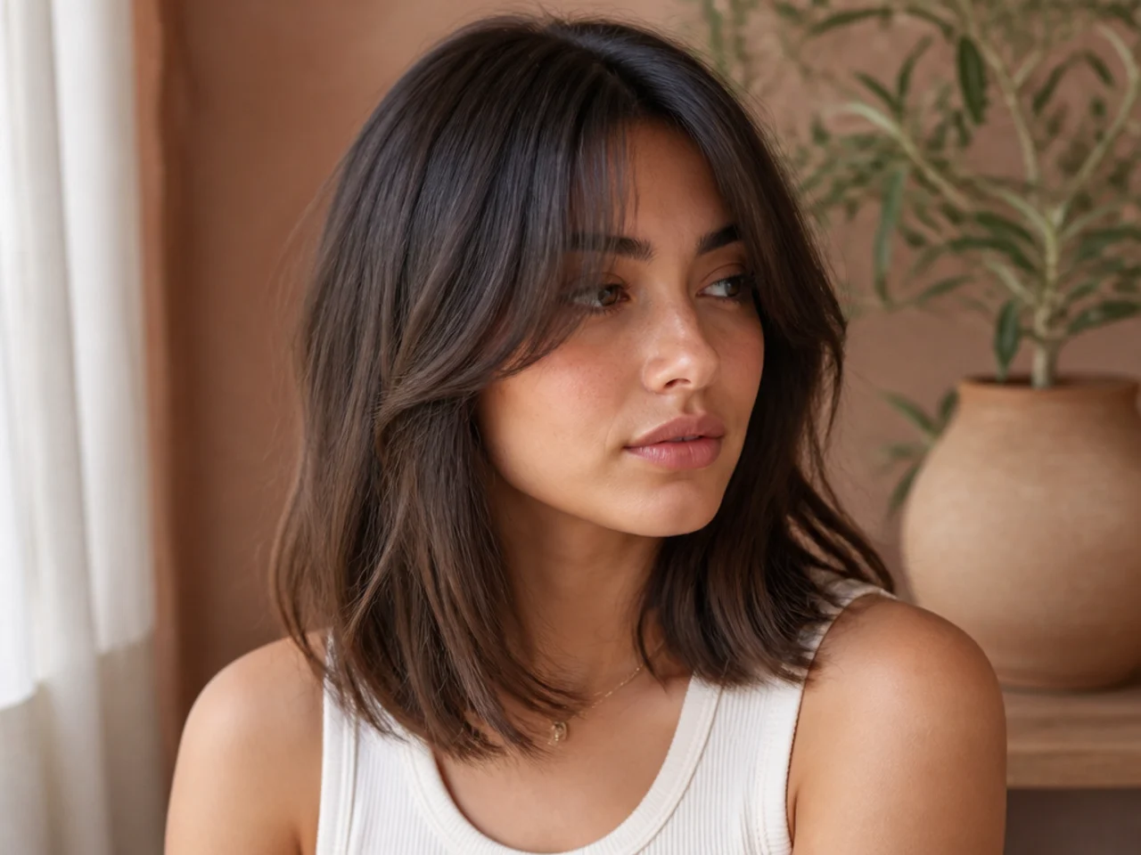Curtain bangs on a collarbone length lob