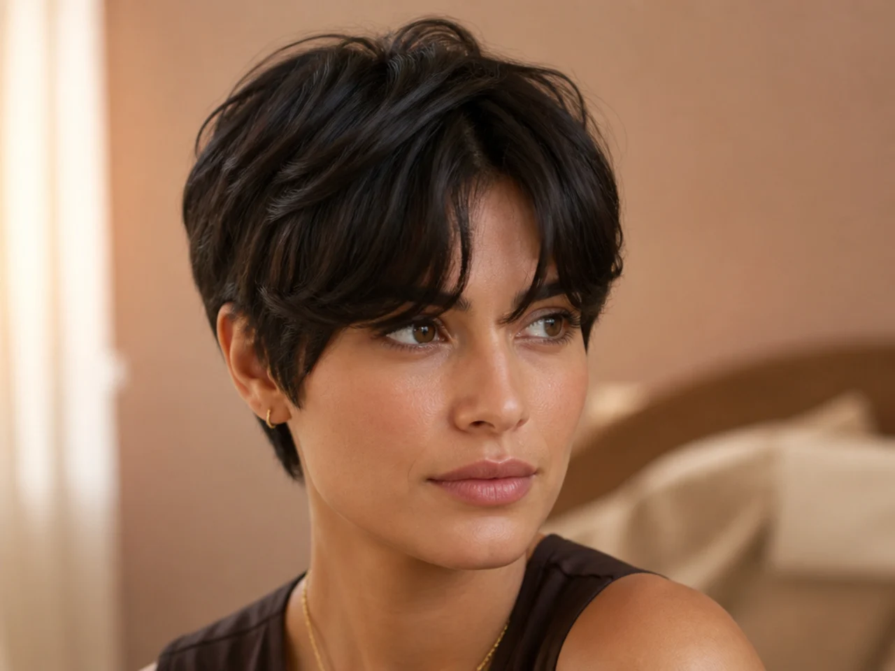 Curtain bangs on a pixie cut connected into the sides