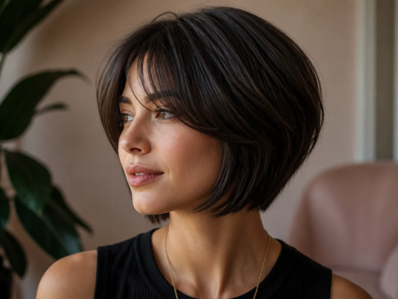 Curtain bangs on a stacked graduated bob