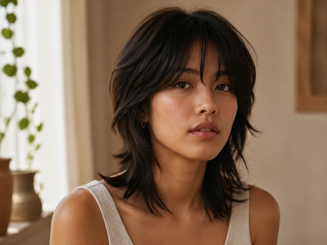 Curtain bangs with a short wolf cut