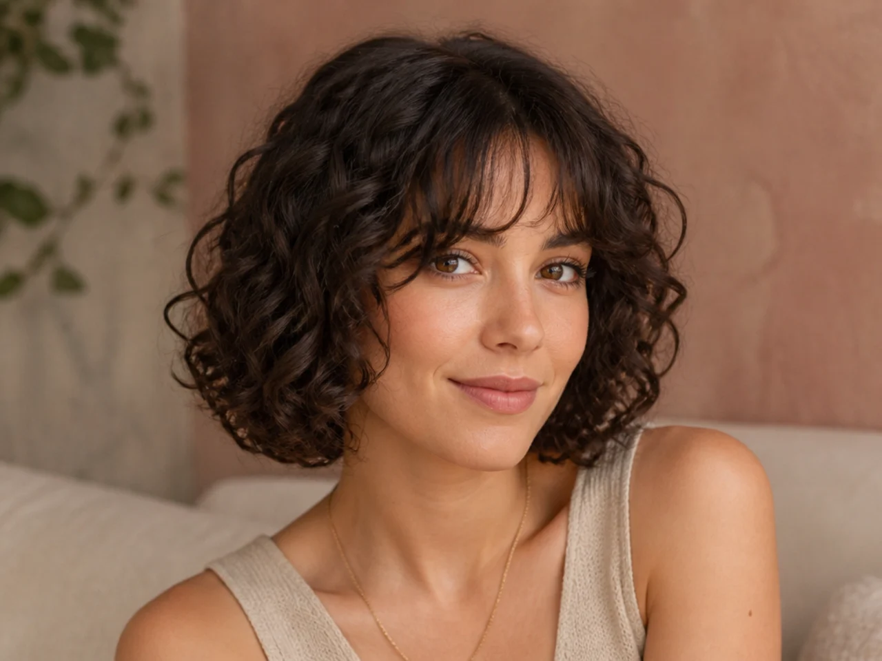 Curtain bangs on a curly bob