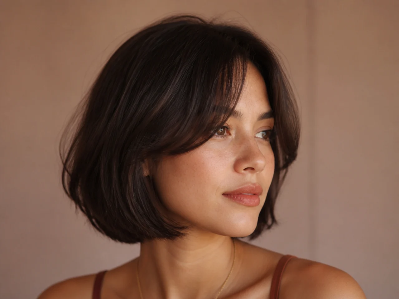Three quarter view of curtain bangs on a short bob
