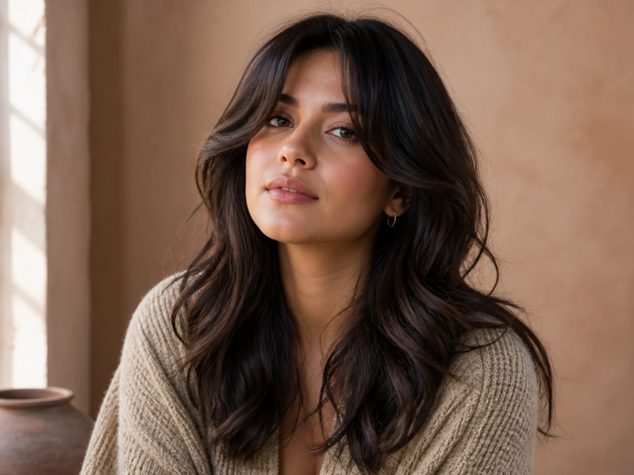Loose waves with curtain bangs bending naturally away from the face