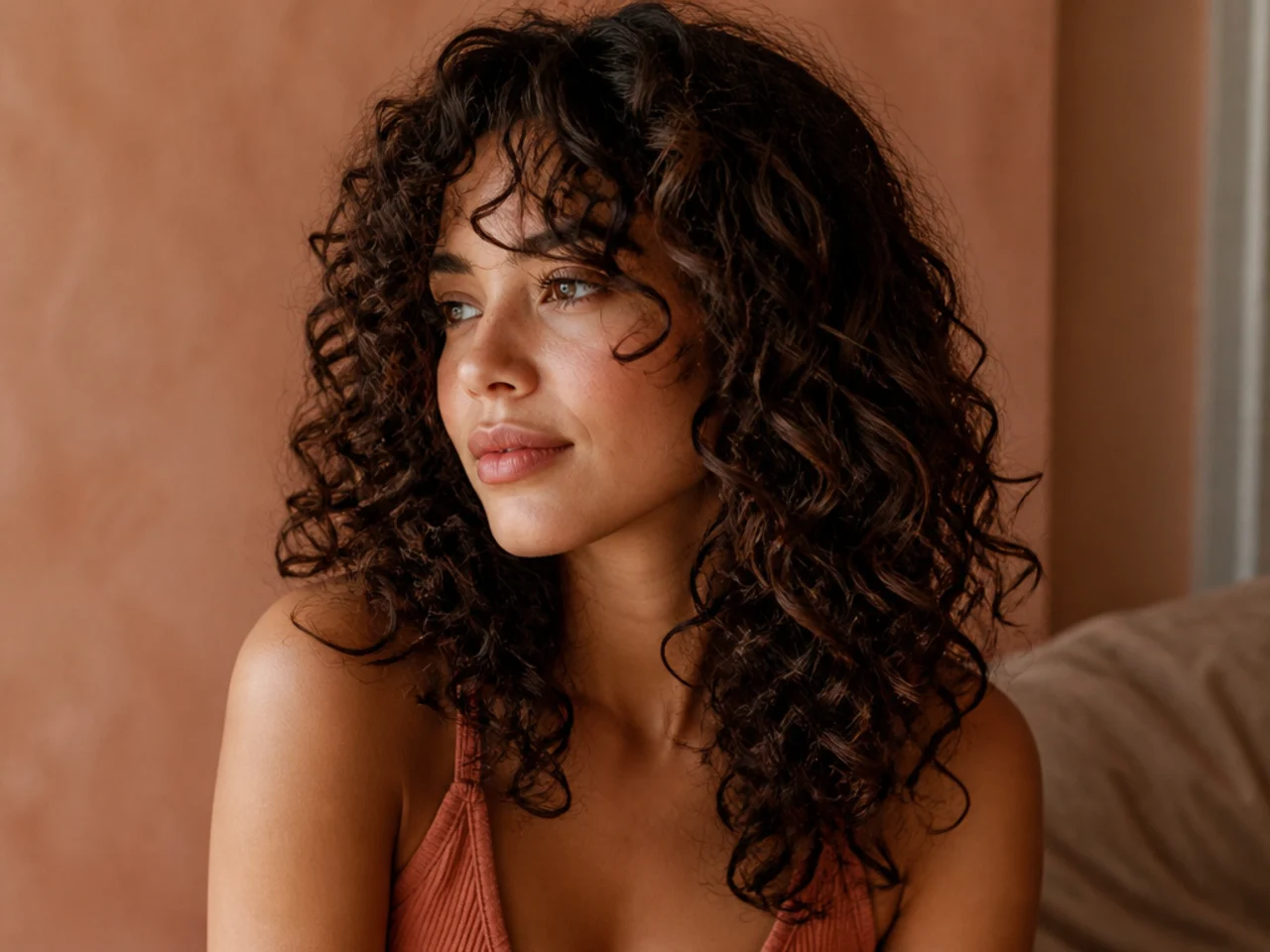 Defined curls with curtain bangs framing the face in loose spirals