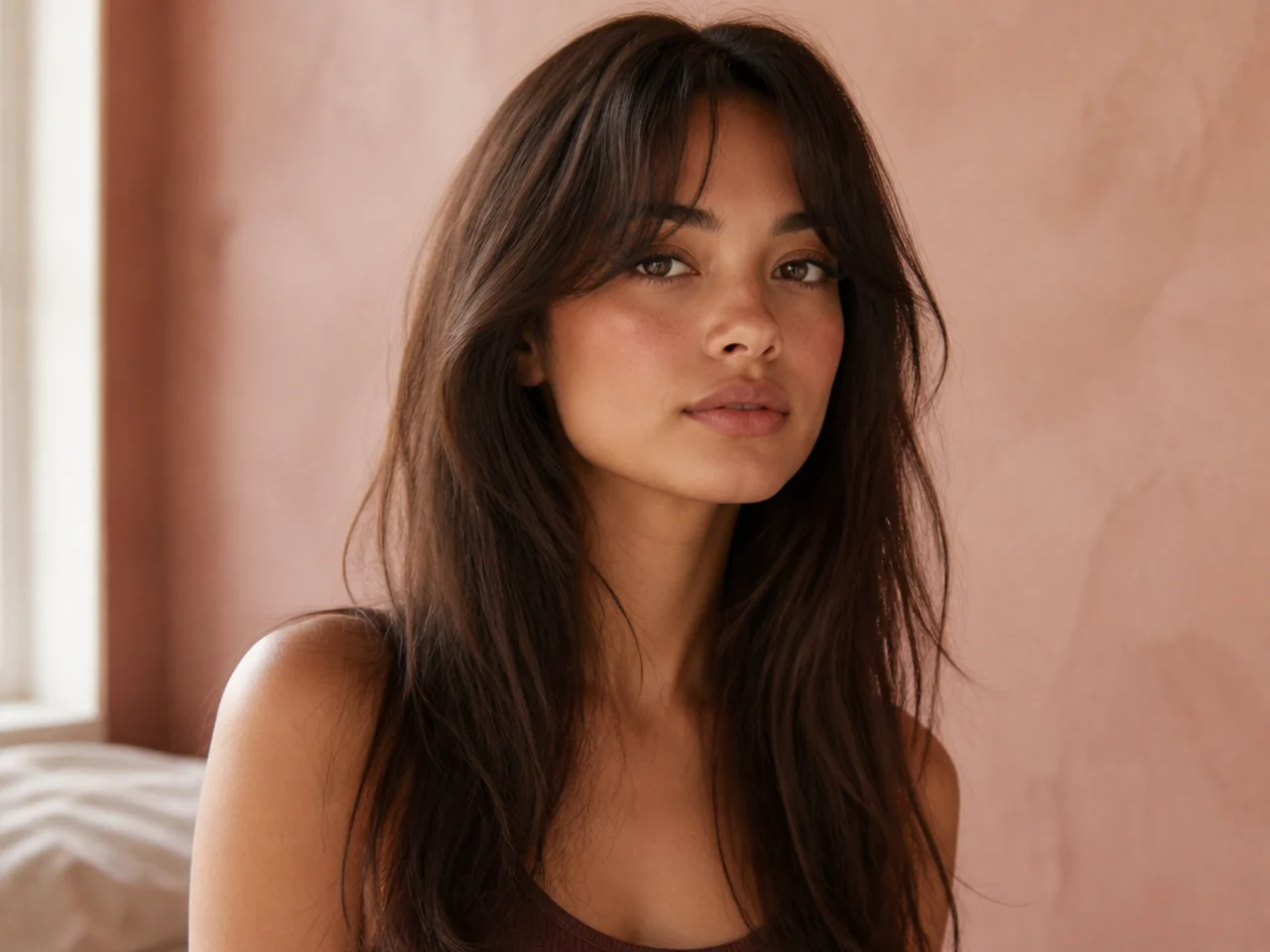 Fine long hair with a shallow lightweight curtain fringe