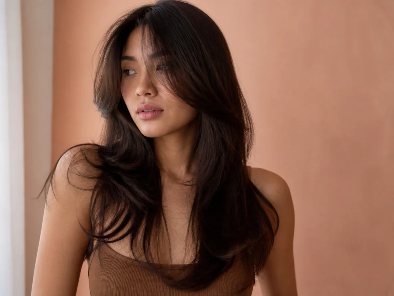 Thick long hair with a curtain fringe thinned from underneath