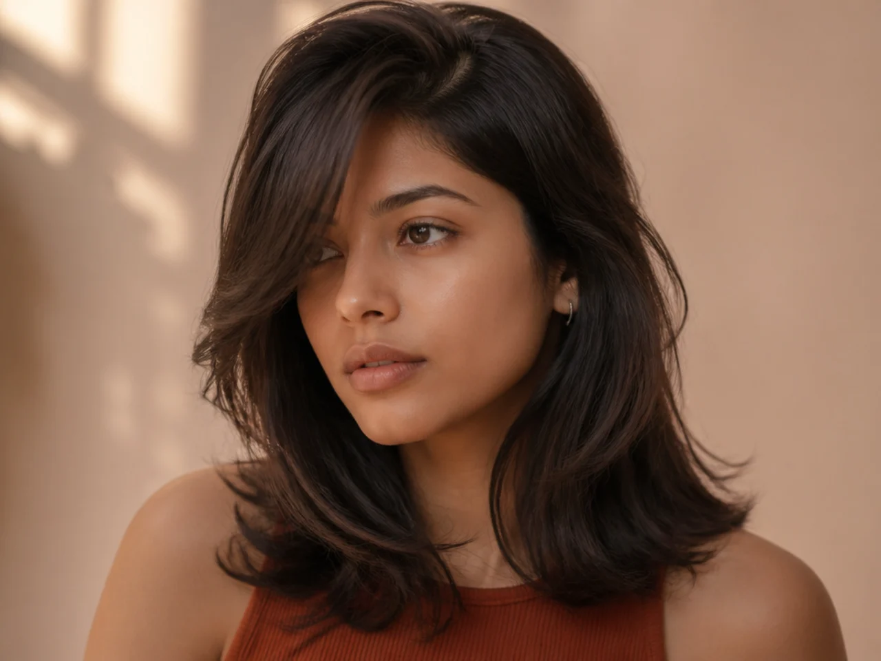 A deep side part with the longer curtain half sweeping across the forehead