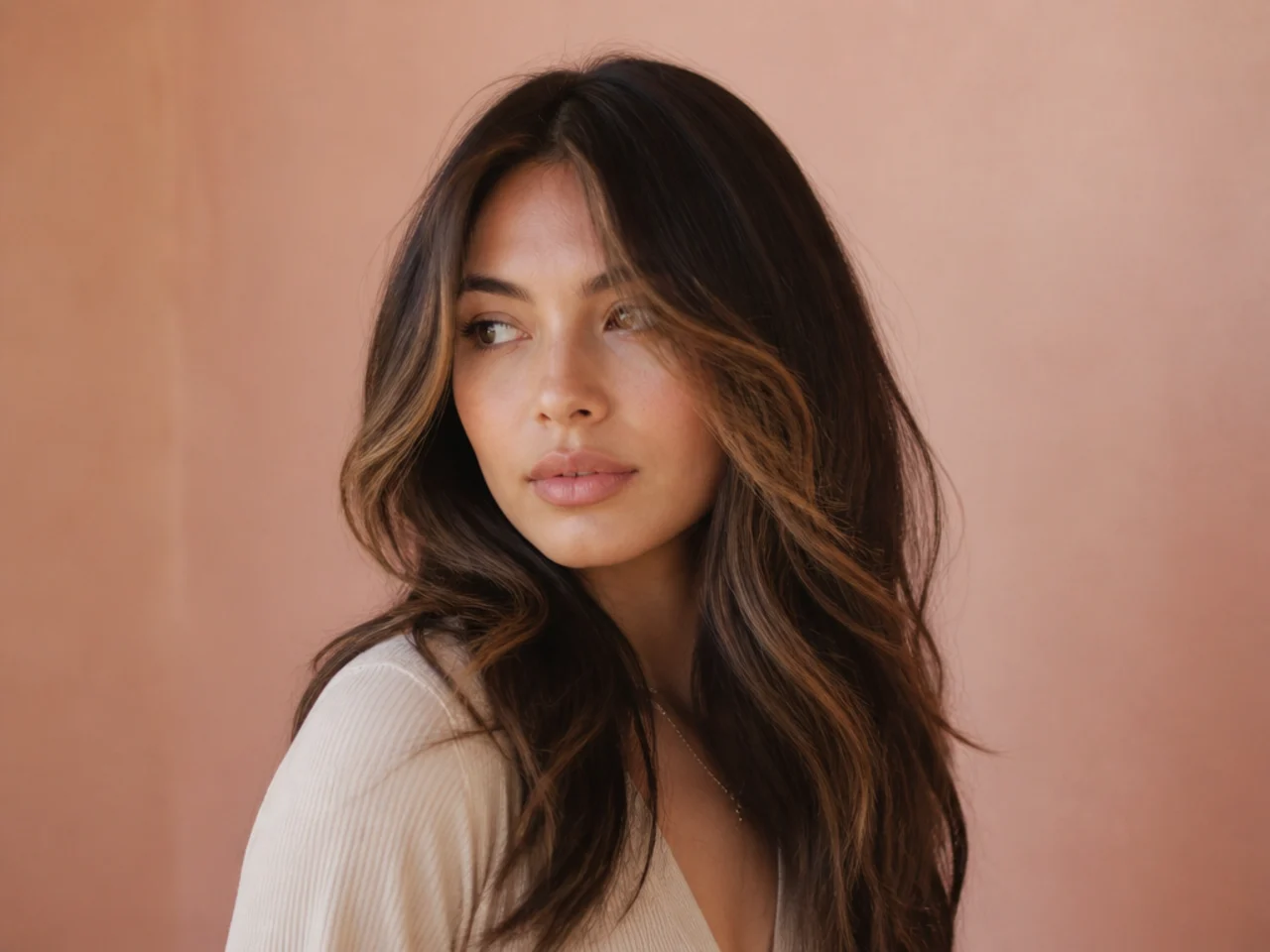 Dark long hair with lightened front pieces framing curtain bangs