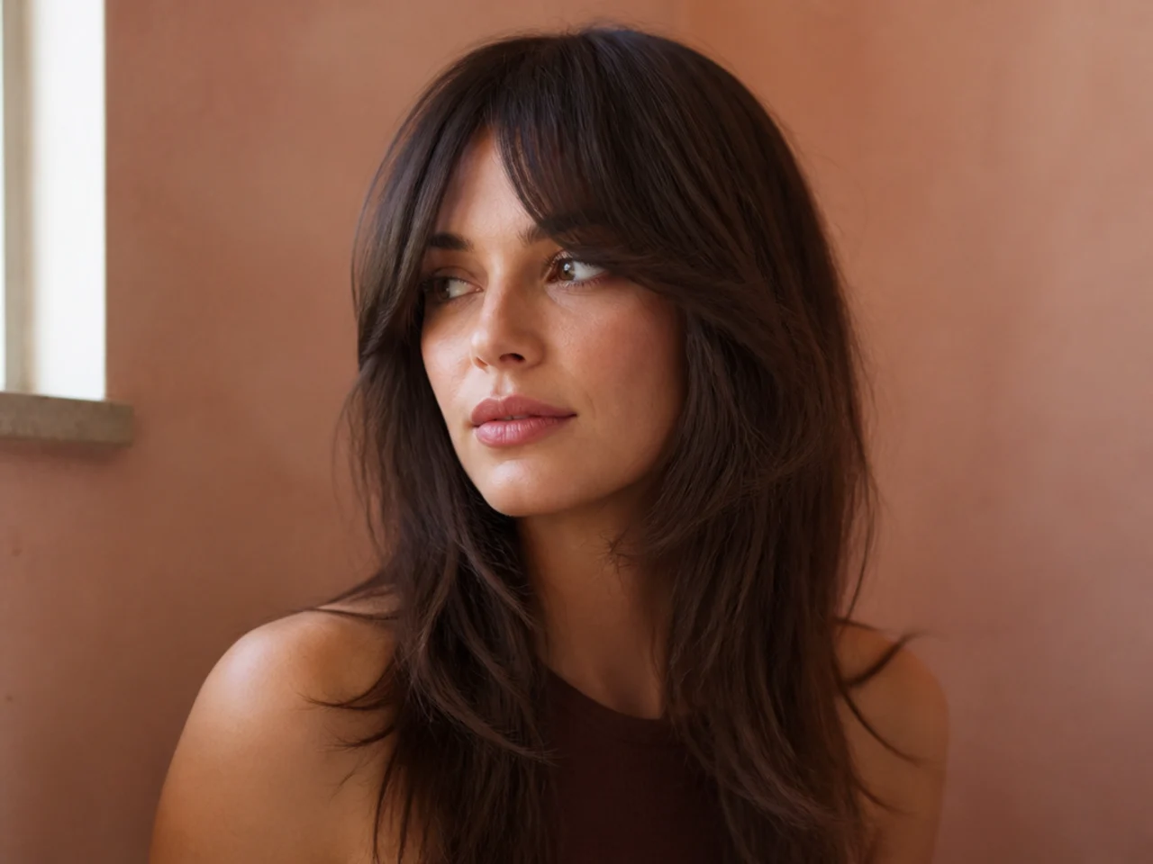 Long hair with curtain bangs whose longest ends reach the jawline