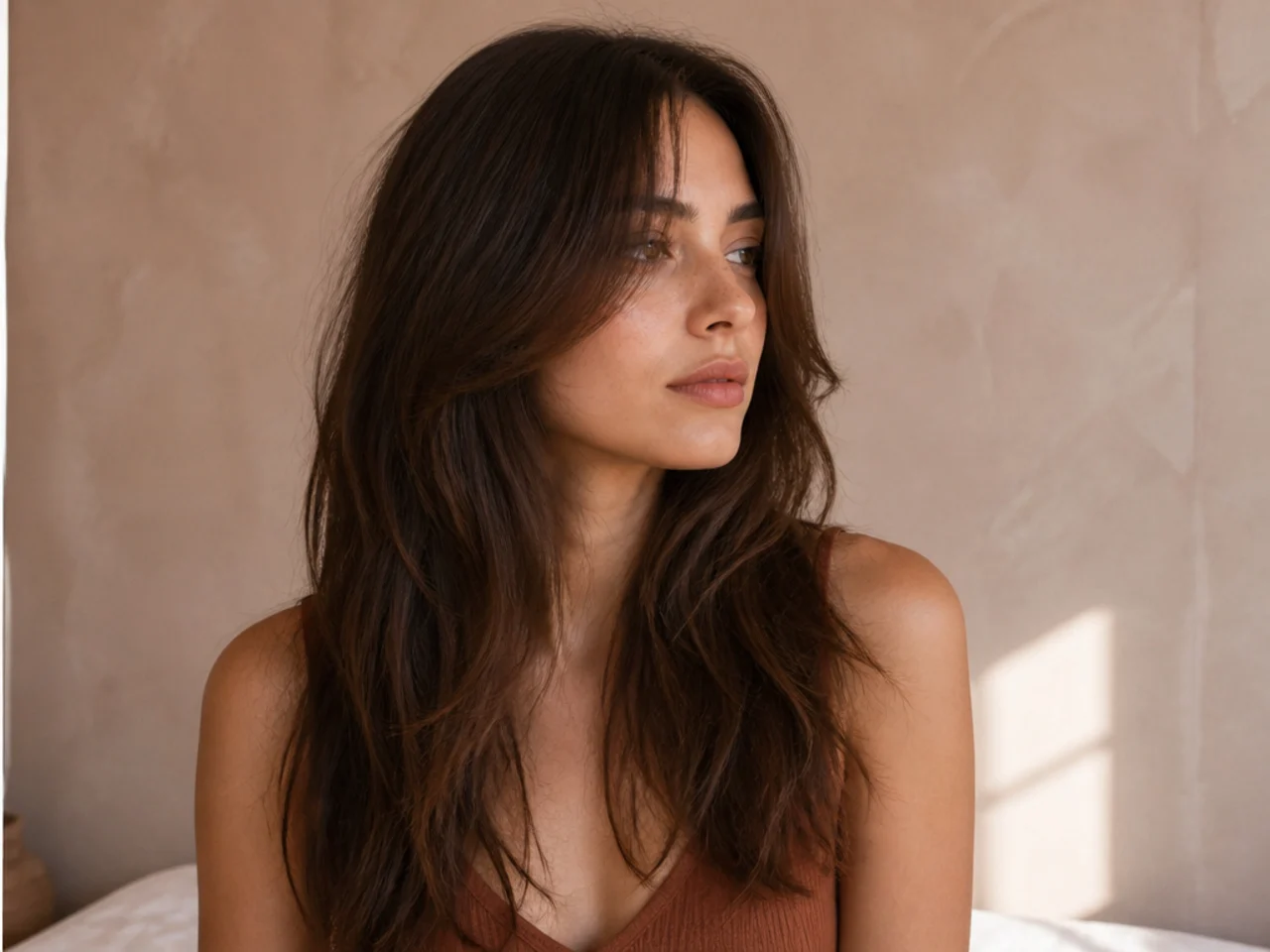 Grown out curtain bangs reaching past the chin and blending into the lengths