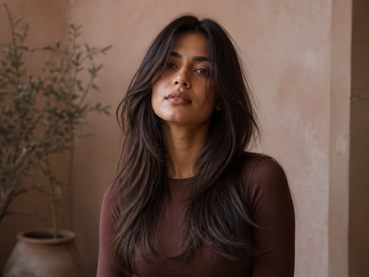 Very long curtain bangs blending into the lengths at collarbone level