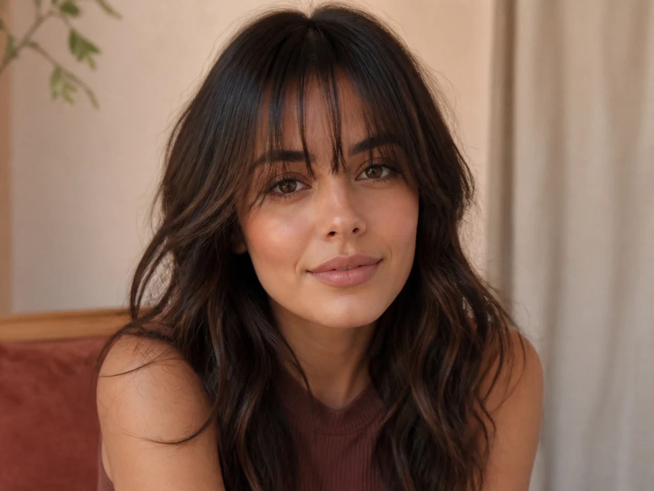 Fine wispy curtain bangs with softly point cut ends over the brows