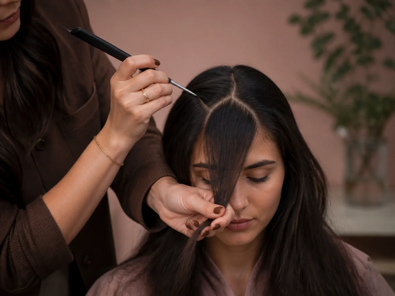 A stylist sectioning the front of long hair to a triangle before cutting bangs