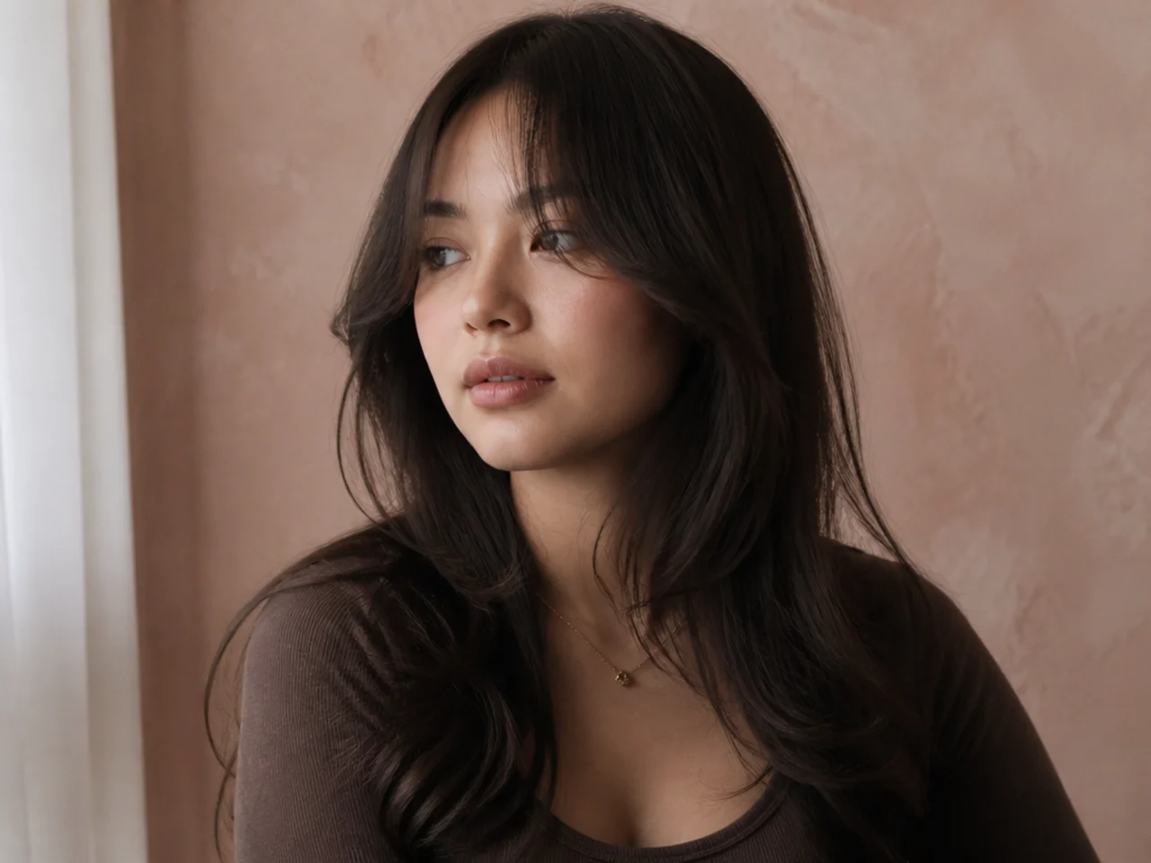 Three quarter view of long hair with curtain bangs framing a round face