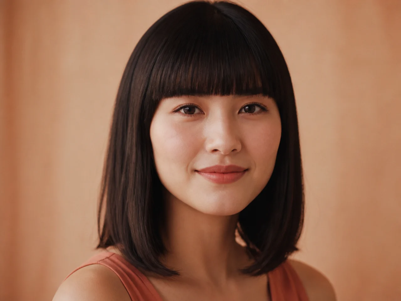 A blunt straight fringe sitting flat across a round face for comparison