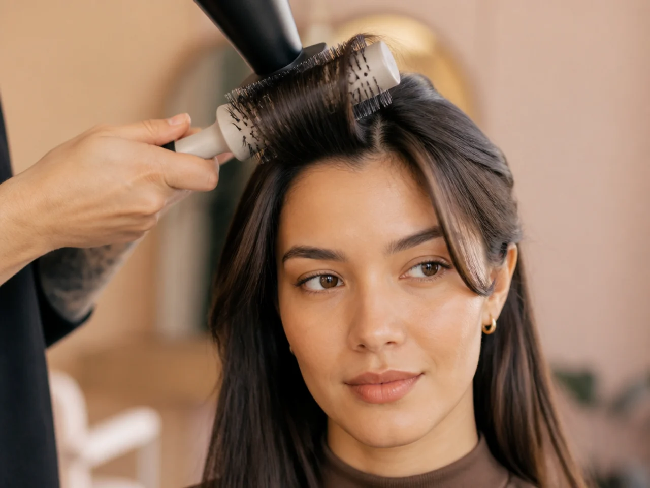 A round brush drying curtain bangs back and away from the forehead