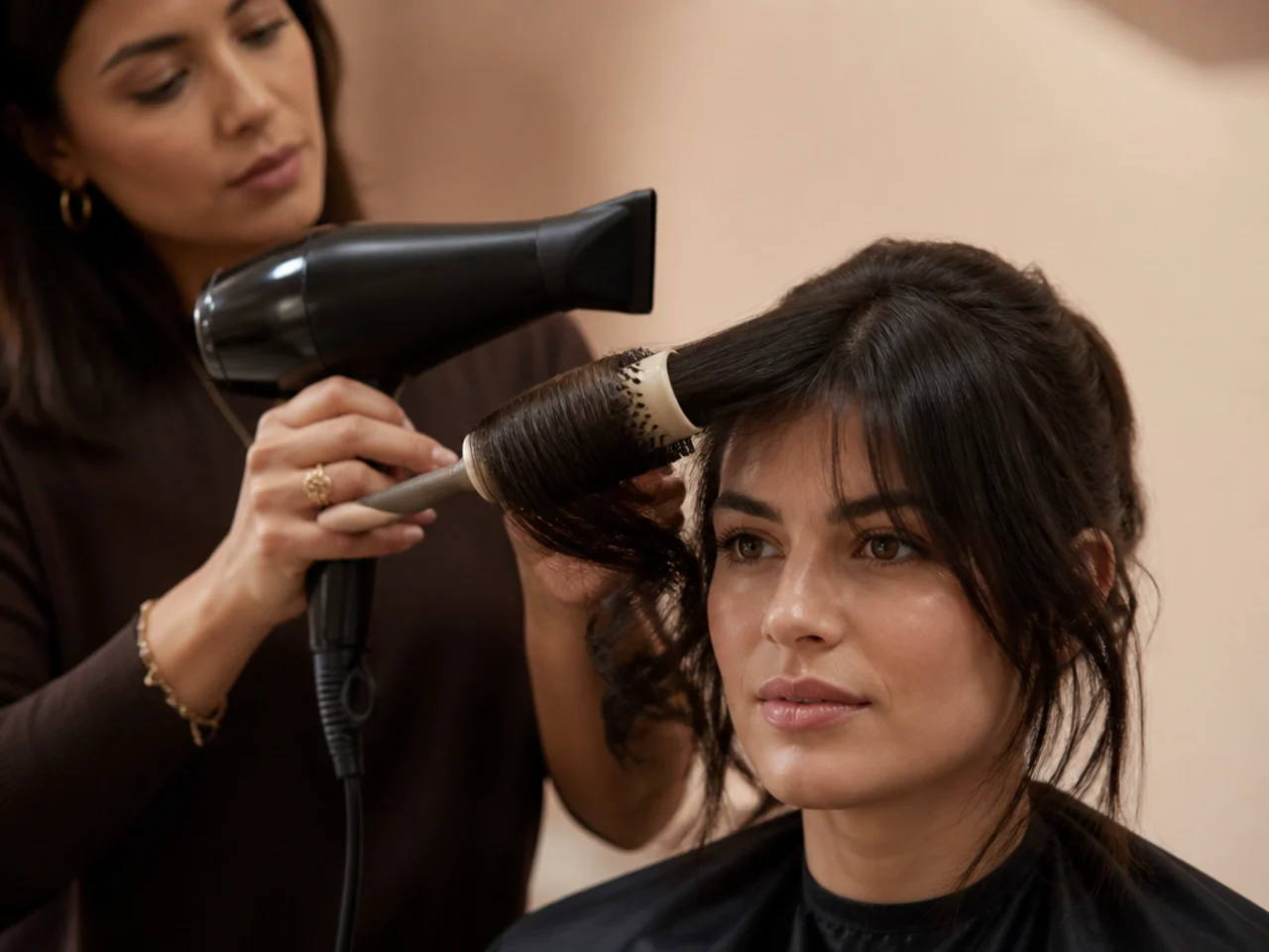A cool shot being applied to a fringe still wrapped around the brush