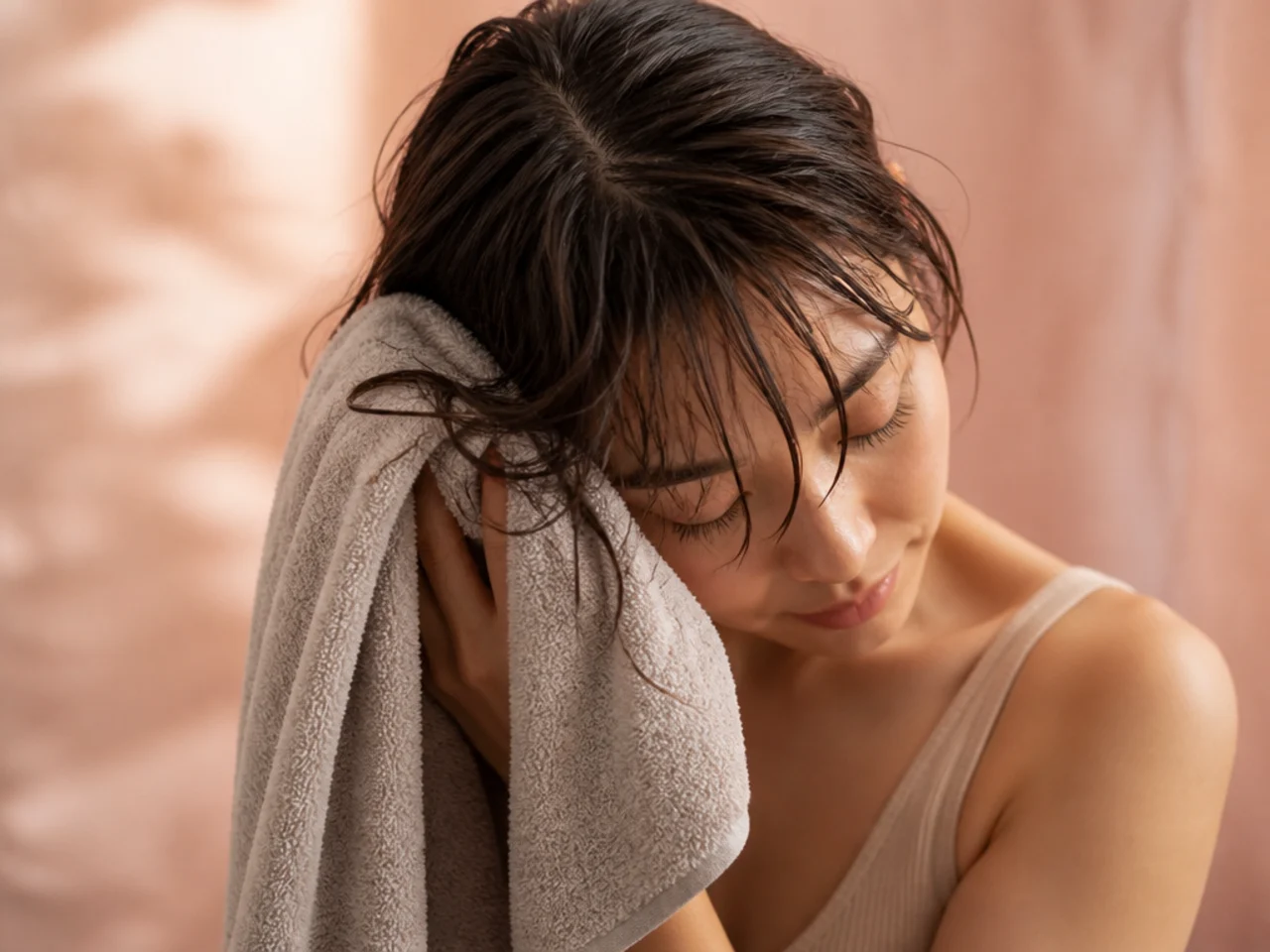A damp fringe being blotted between the folds of a towel
