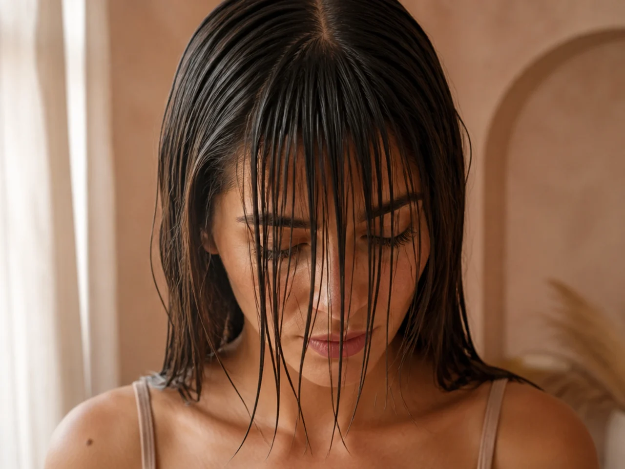 A damp fringe combed straight down over the face showing where it separates