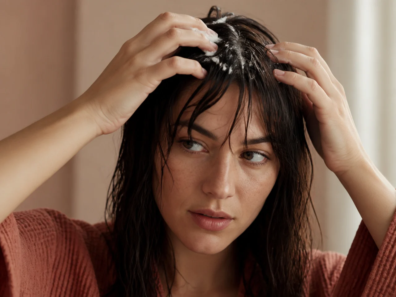 Mousse being pressed into the roots of a damp fringe with fingertips