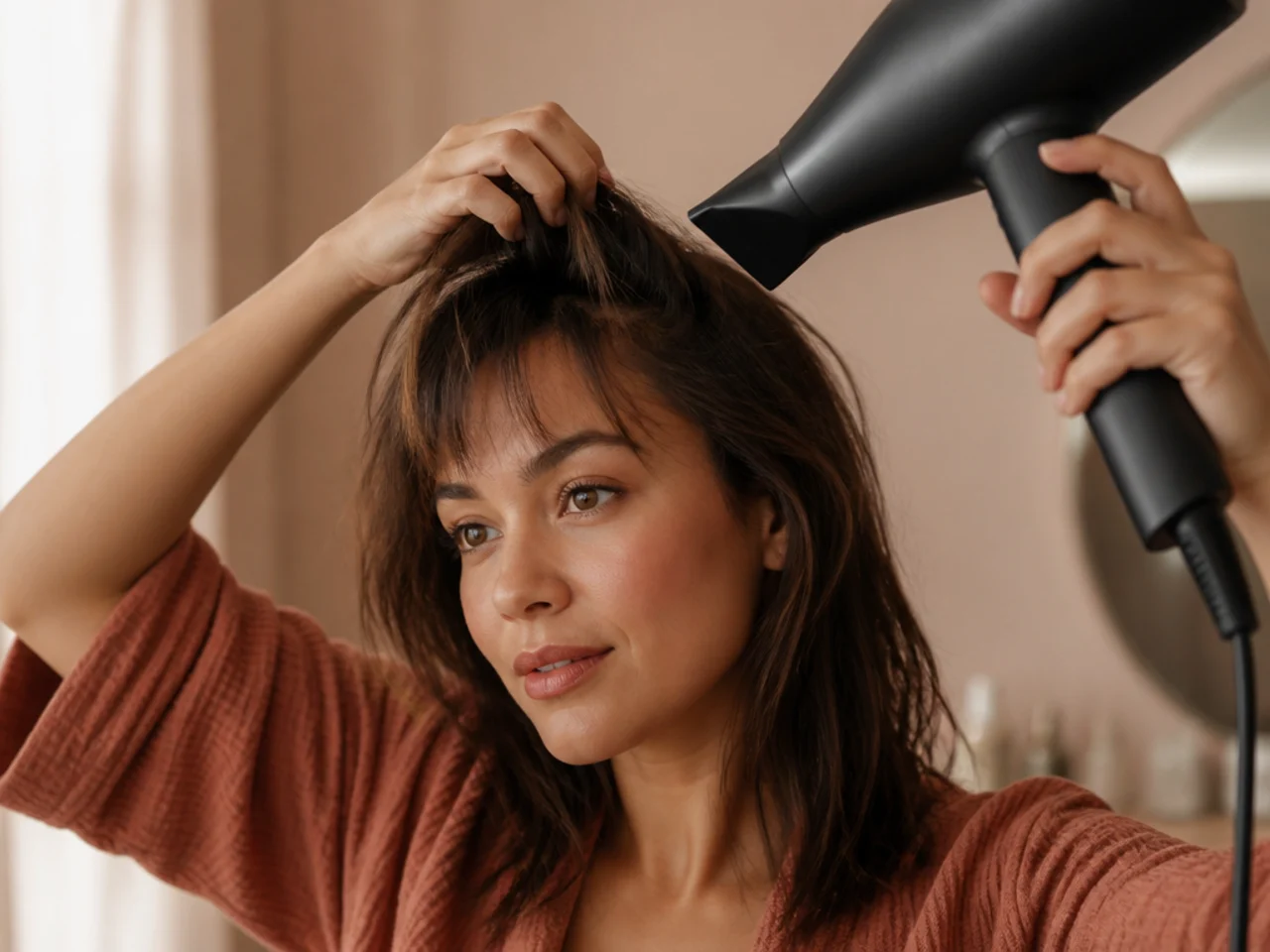 Fingers pushing fringe roots backwards under a dryer to lift them