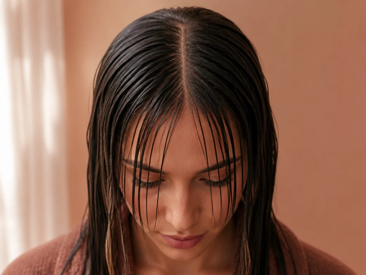 A damp fringe divided into two even panels at the centre split