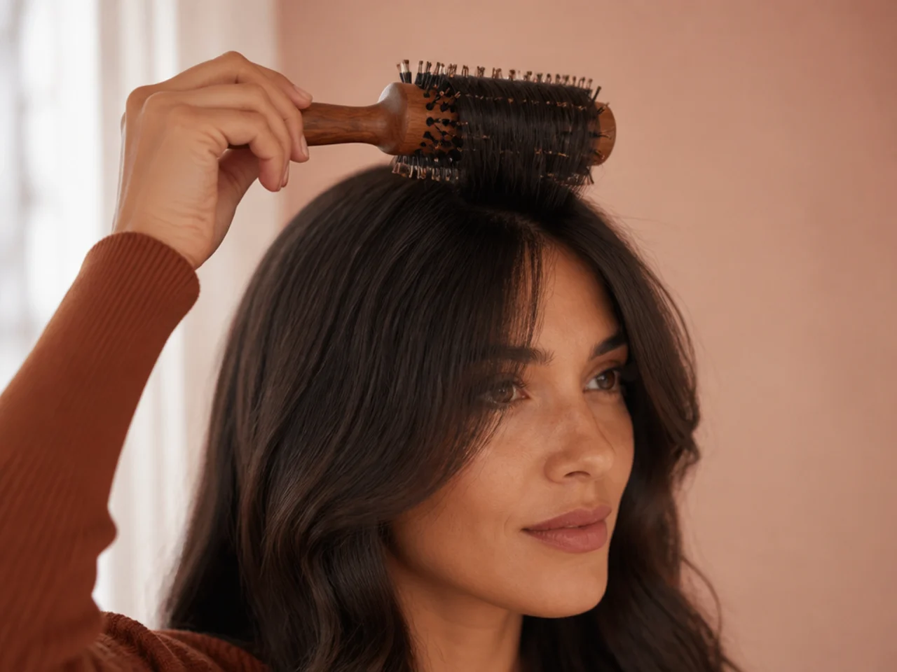 A round brush placed behind the roots of a fringe panel and lifted