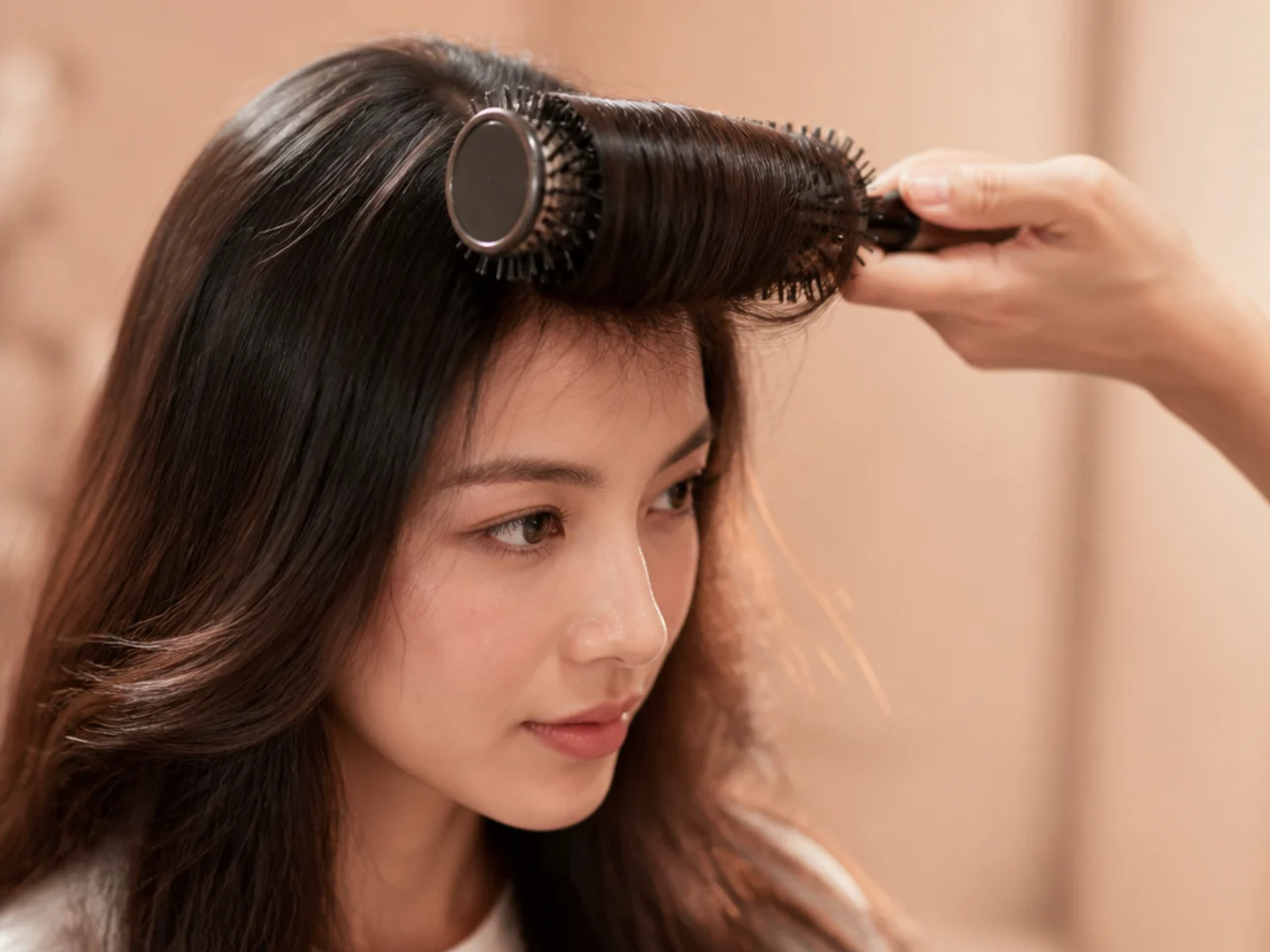 A fringe panel wrapped over a round brush and rolled away from the face