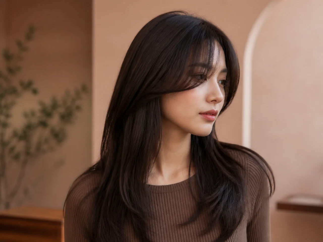 Three quarter view of finished long curtain bangs on straight hair