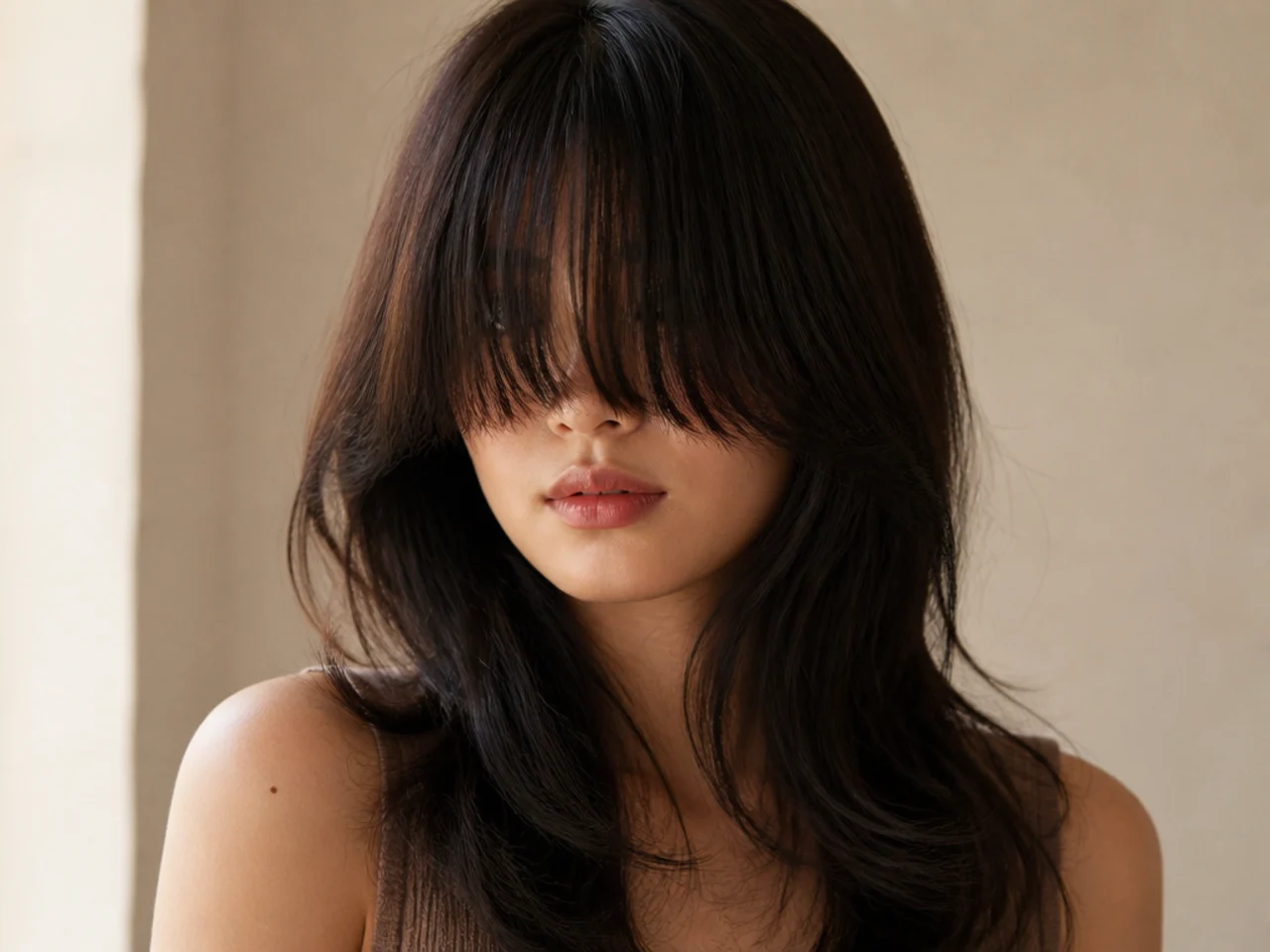A curtain fringe that has dropped flat and closed over the face