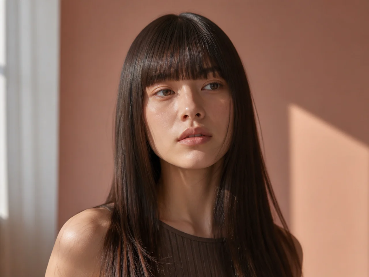 A long straight fringe hanging flat against the forehead with no root lift