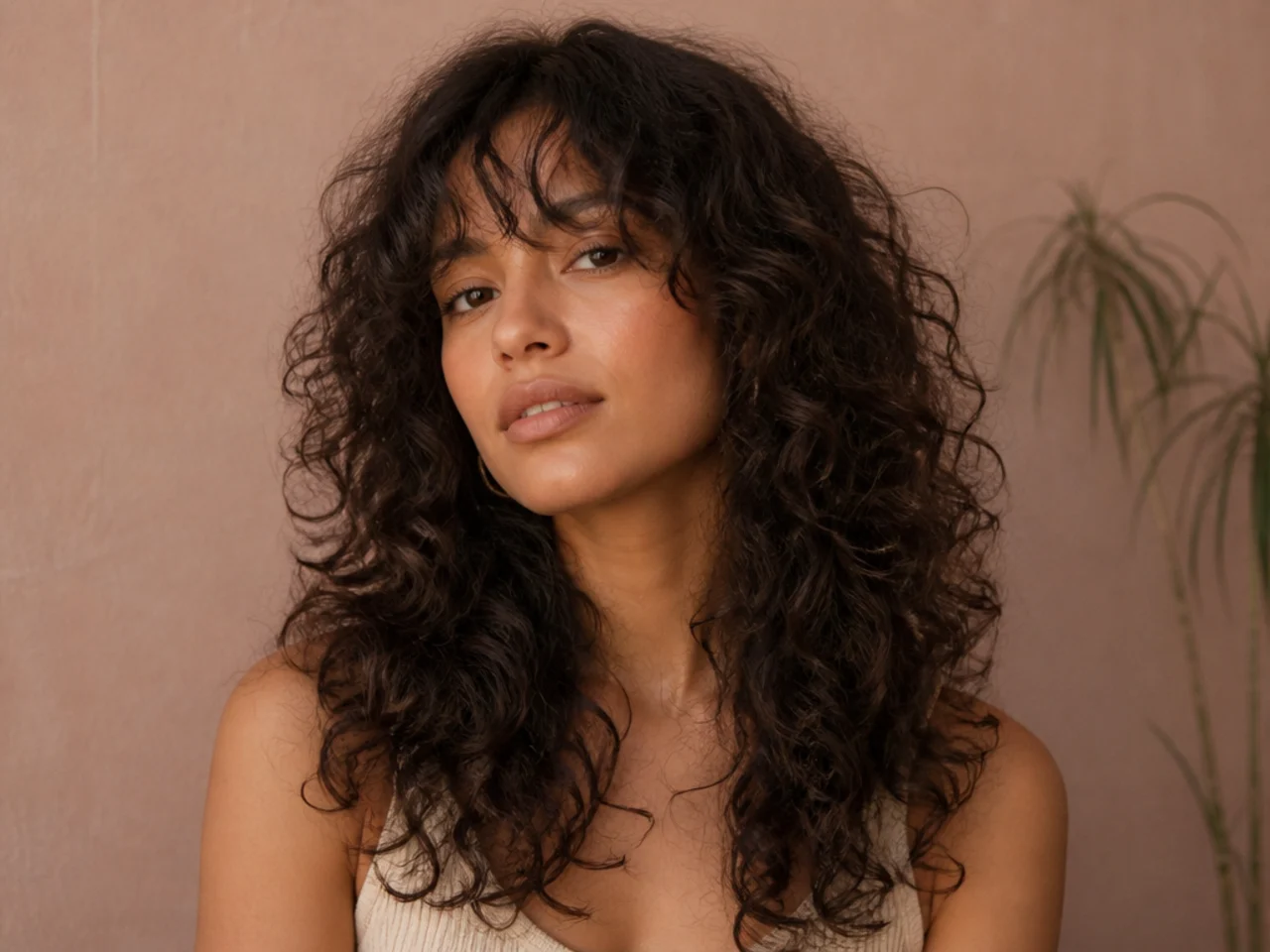 Curtain bangs on curly long hair cut dry