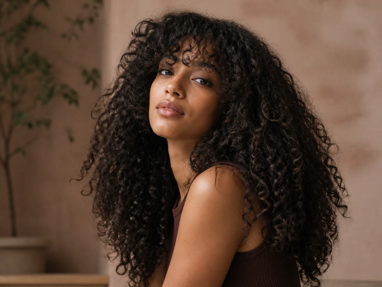 Curtain bangs on coily long hair