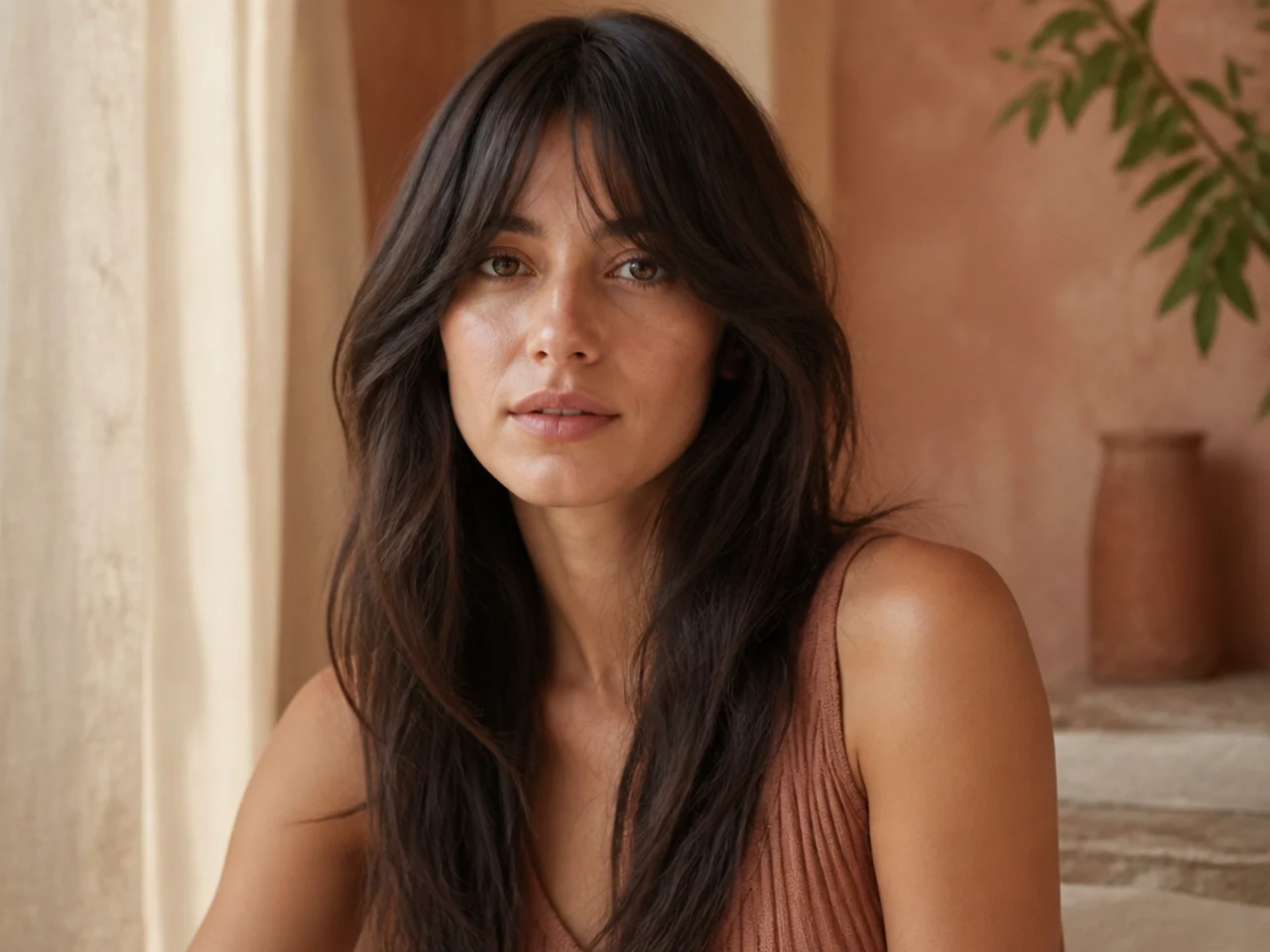 Curtain bangs with a blunt cut perimeter on long hair