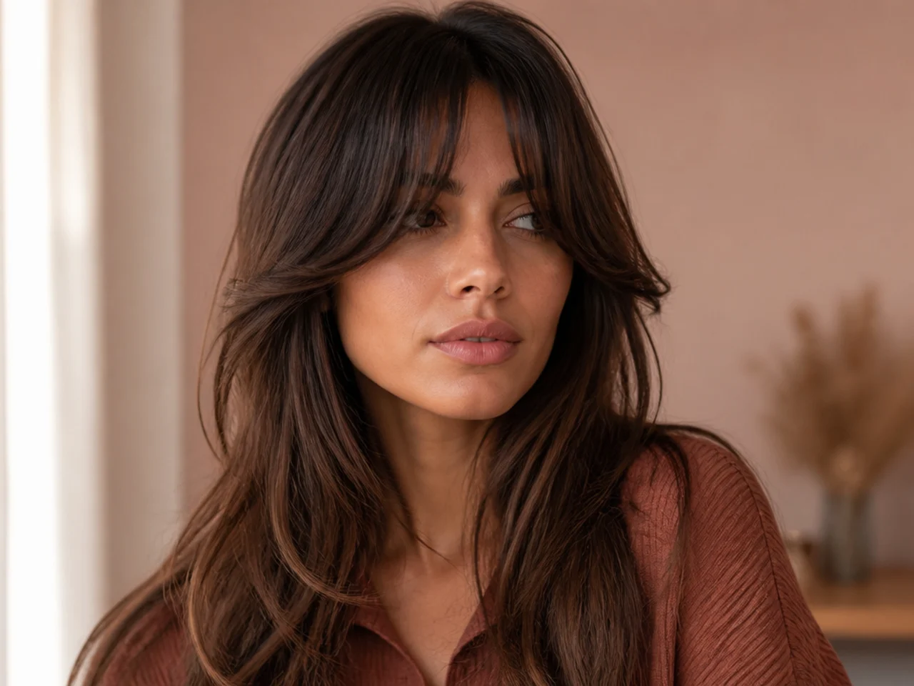 Cheekbone length curtain bangs on long hair