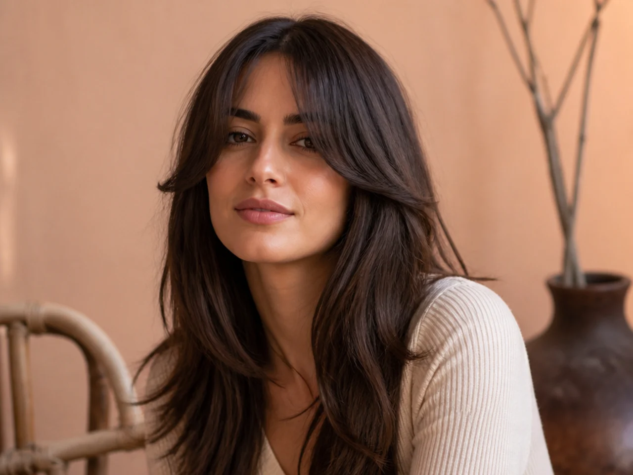 Jaw length curtain bangs blending into long layers