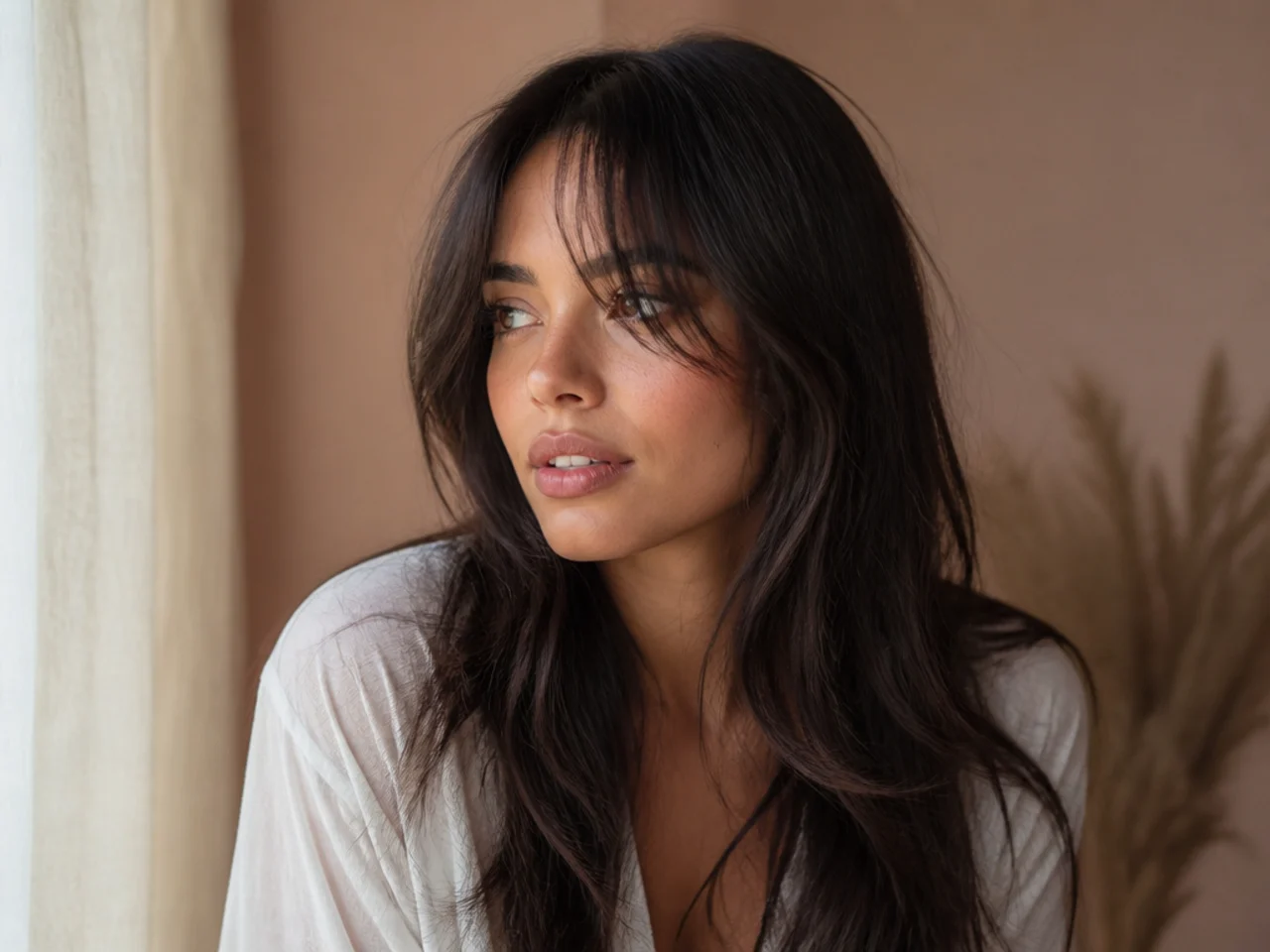 Wispy point cut curtain bangs on long hair