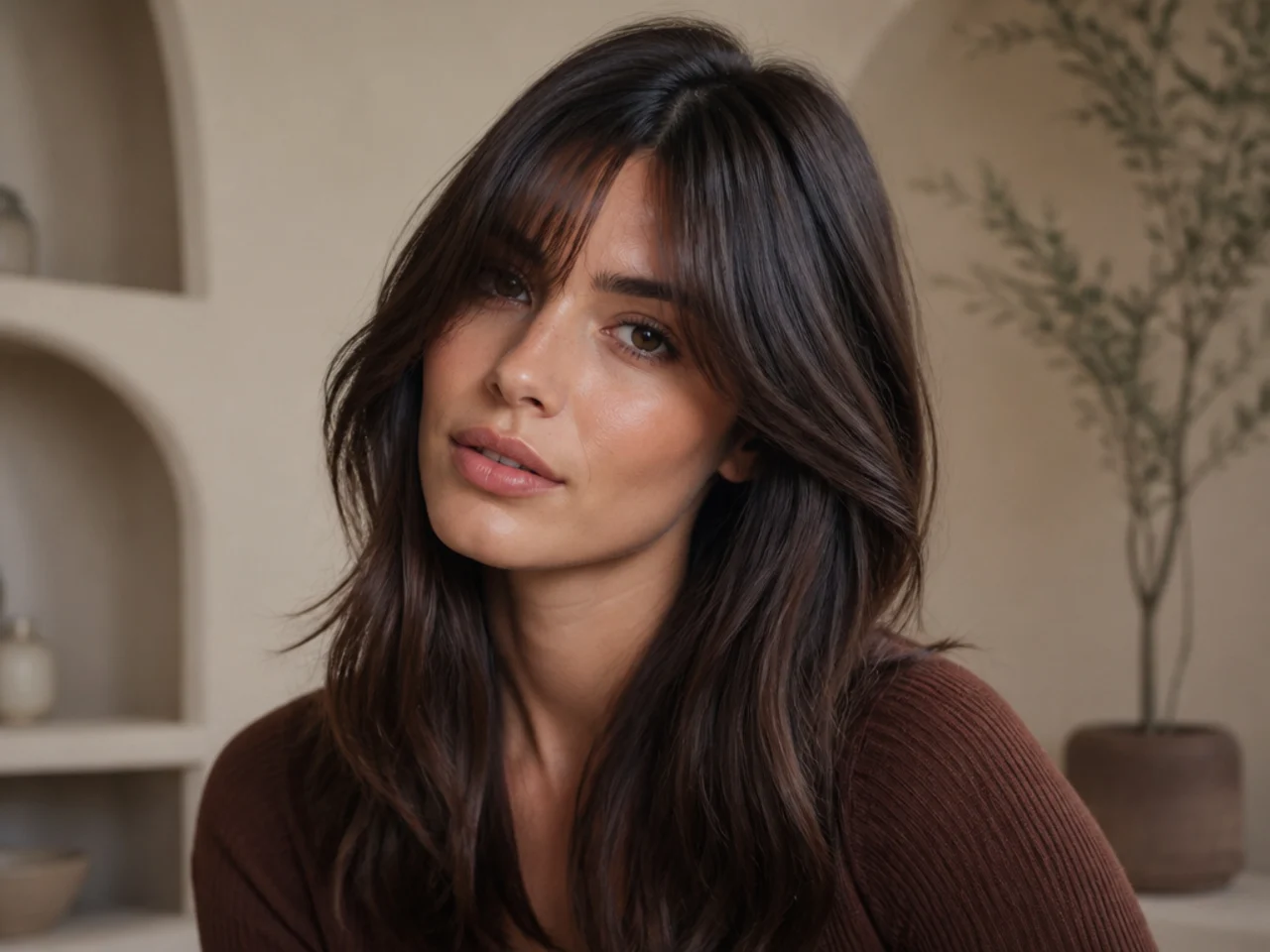 Curtain bangs worn with a deep side part