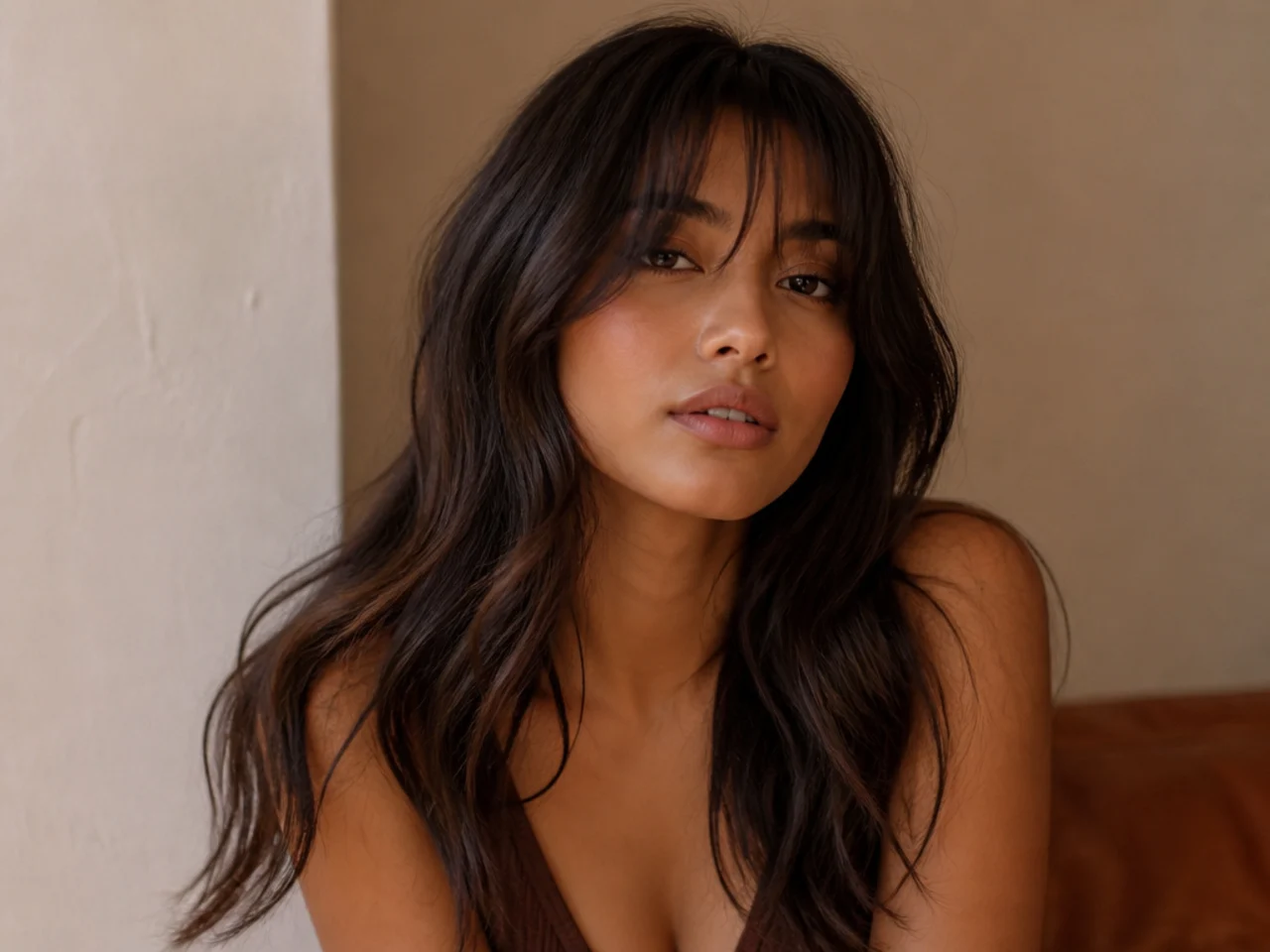 Curtain bangs on wavy long hair
