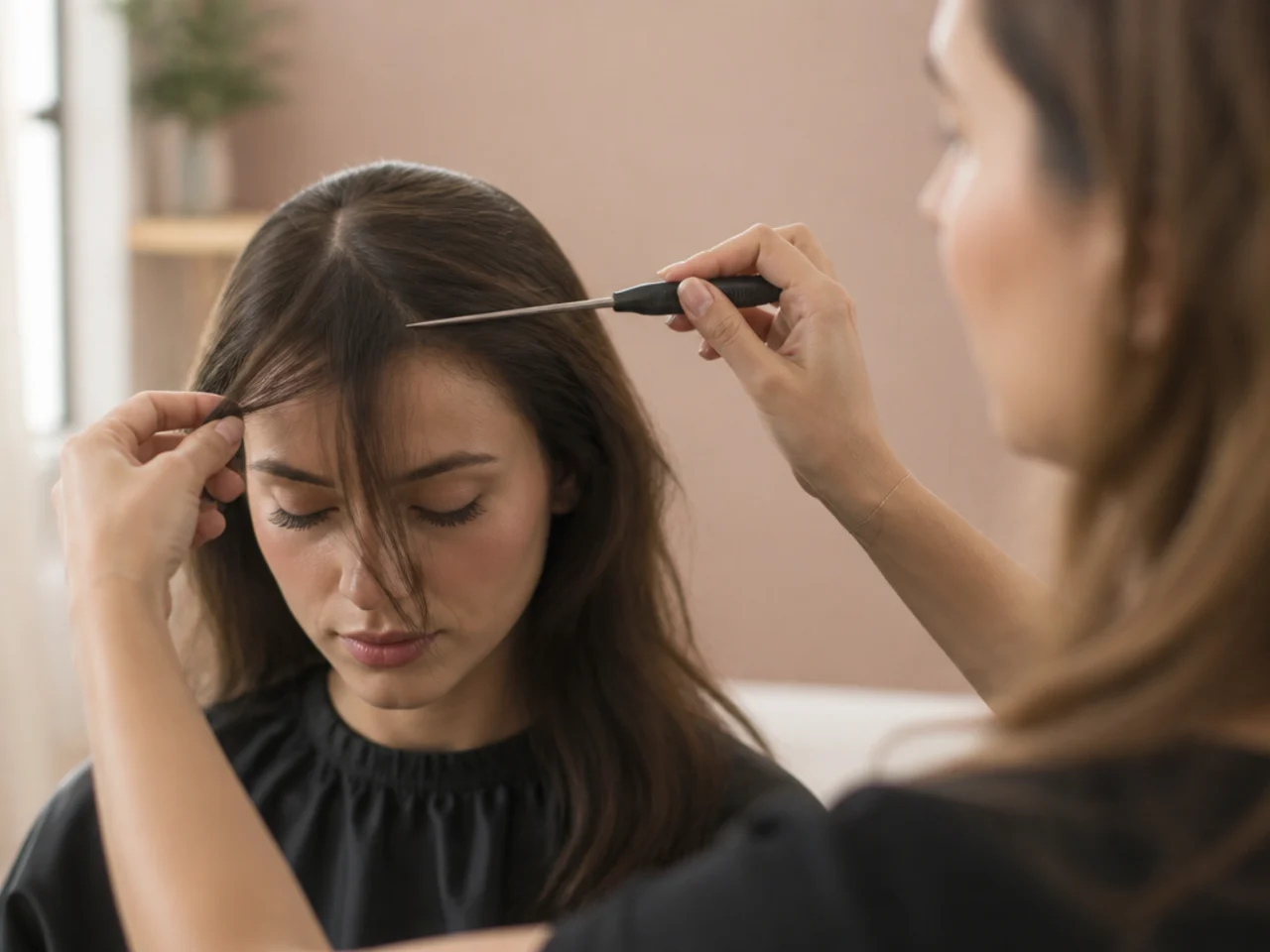A stylist taking a shallow triangular fringe section
