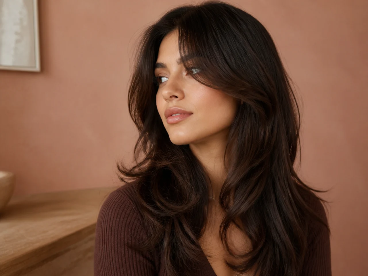 Three quarter view of long hair with curtain bangs